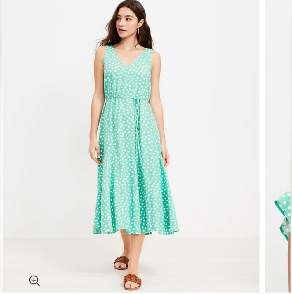 Loft V-Neck Linen Rayon Dress MP Green White Dots Tie Waist Cottagecore Flowy